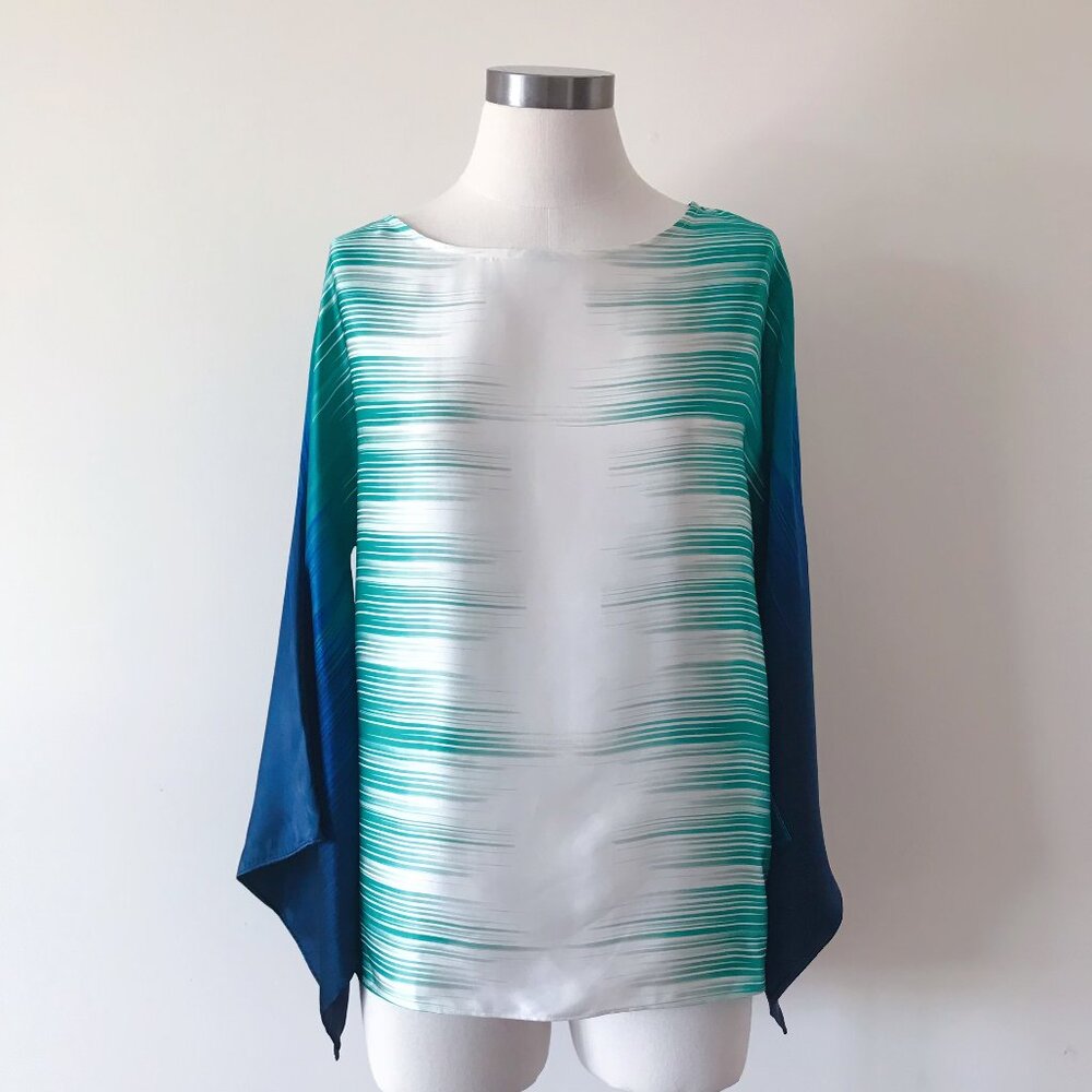 NWT Black label by Chico's silk blouse silk kimono style blouse green white blue